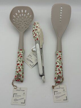 Crofton Strawberry Print Self Standing Kitchen Utensils, Skimmer Turner & Tongs